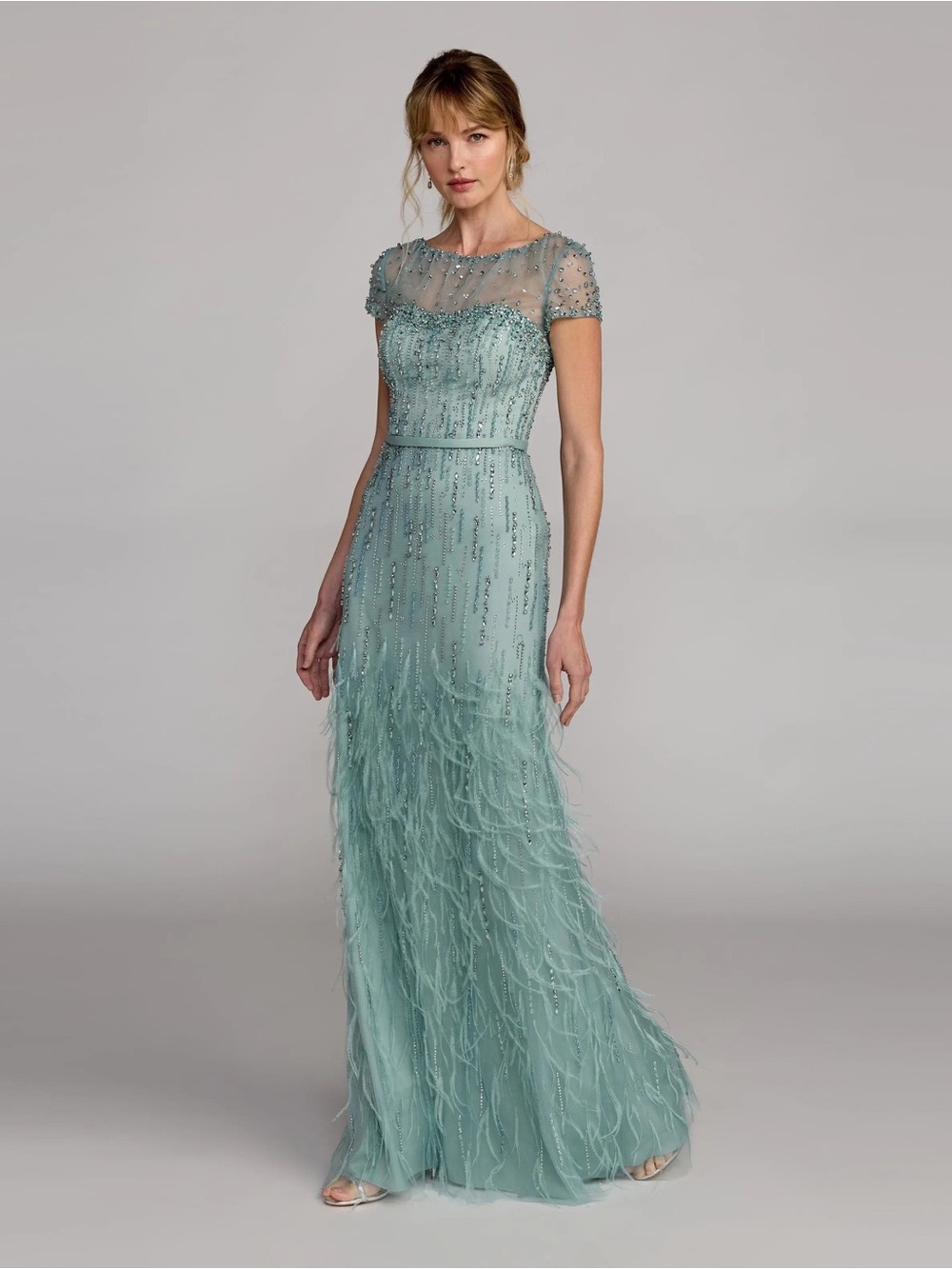 MAC DUGGAL COLLECTION Blue Rhinestone Embellished Illusion Neck Feather Gown